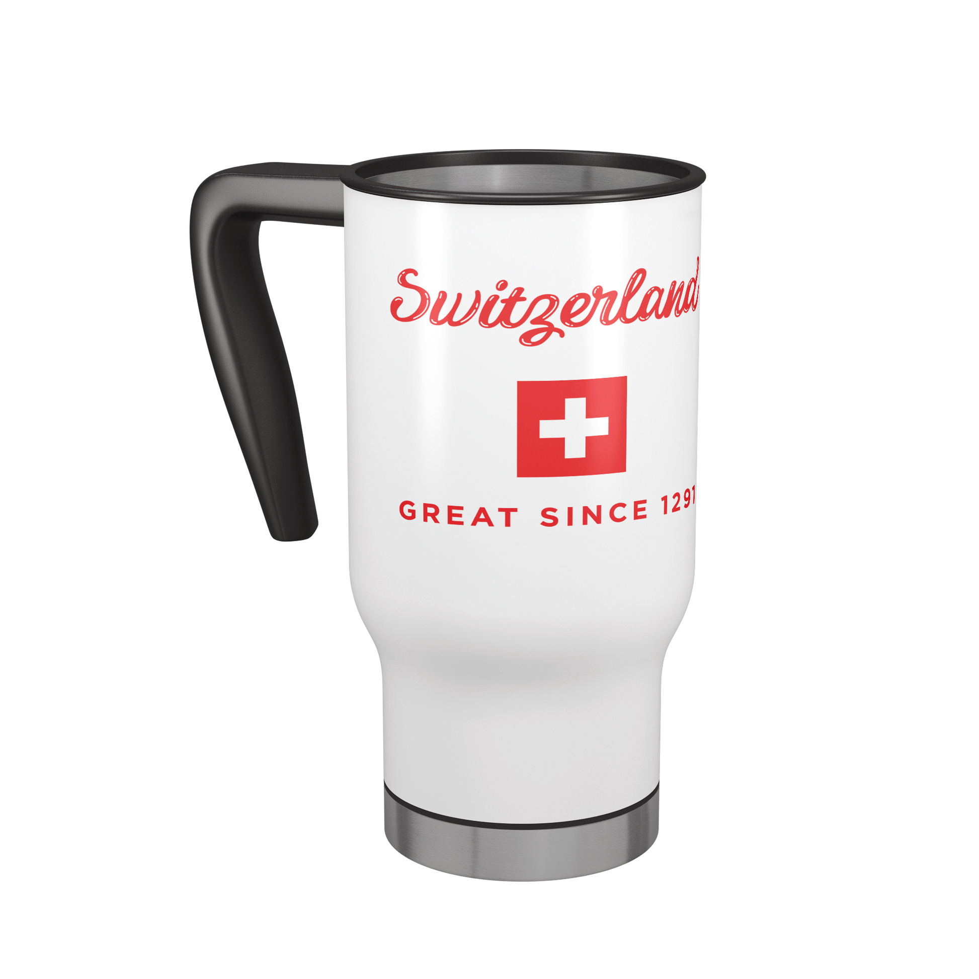 Switzerland Since 1291 travel mug — white insulated stainless steel tumbler, Swiss souvenir gift