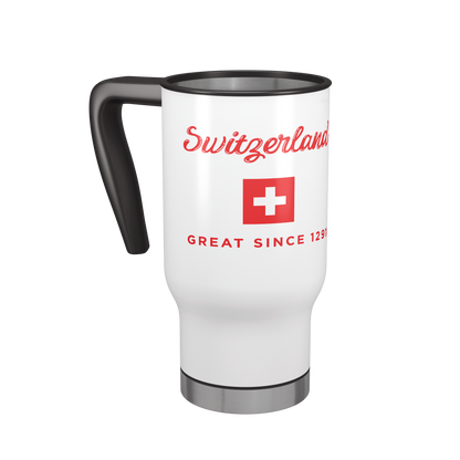 Switzerland Since 1291 travel mug — white insulated stainless steel tumbler, Swiss souvenir gift