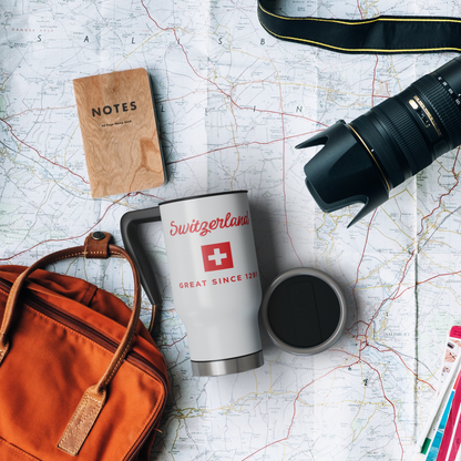 Switzerland Since 1291 travel mug with spill-proof lid, 14oz Alpine heritage gift