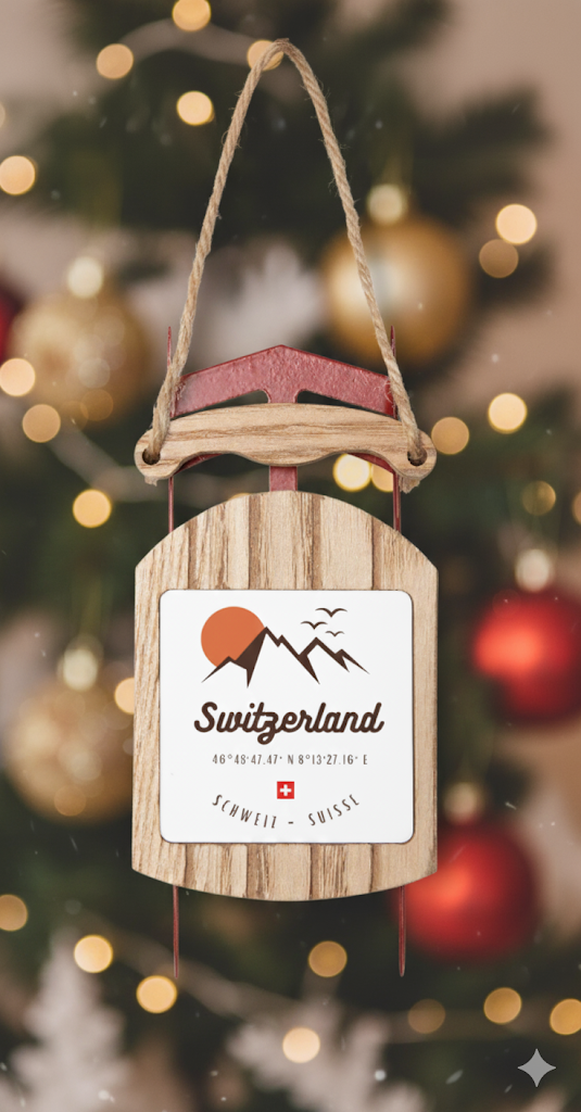 Switzerland Wooden Sled Ornament 🎿⛰ | Swiss Alps Christmas Tree Decoration Souvenir