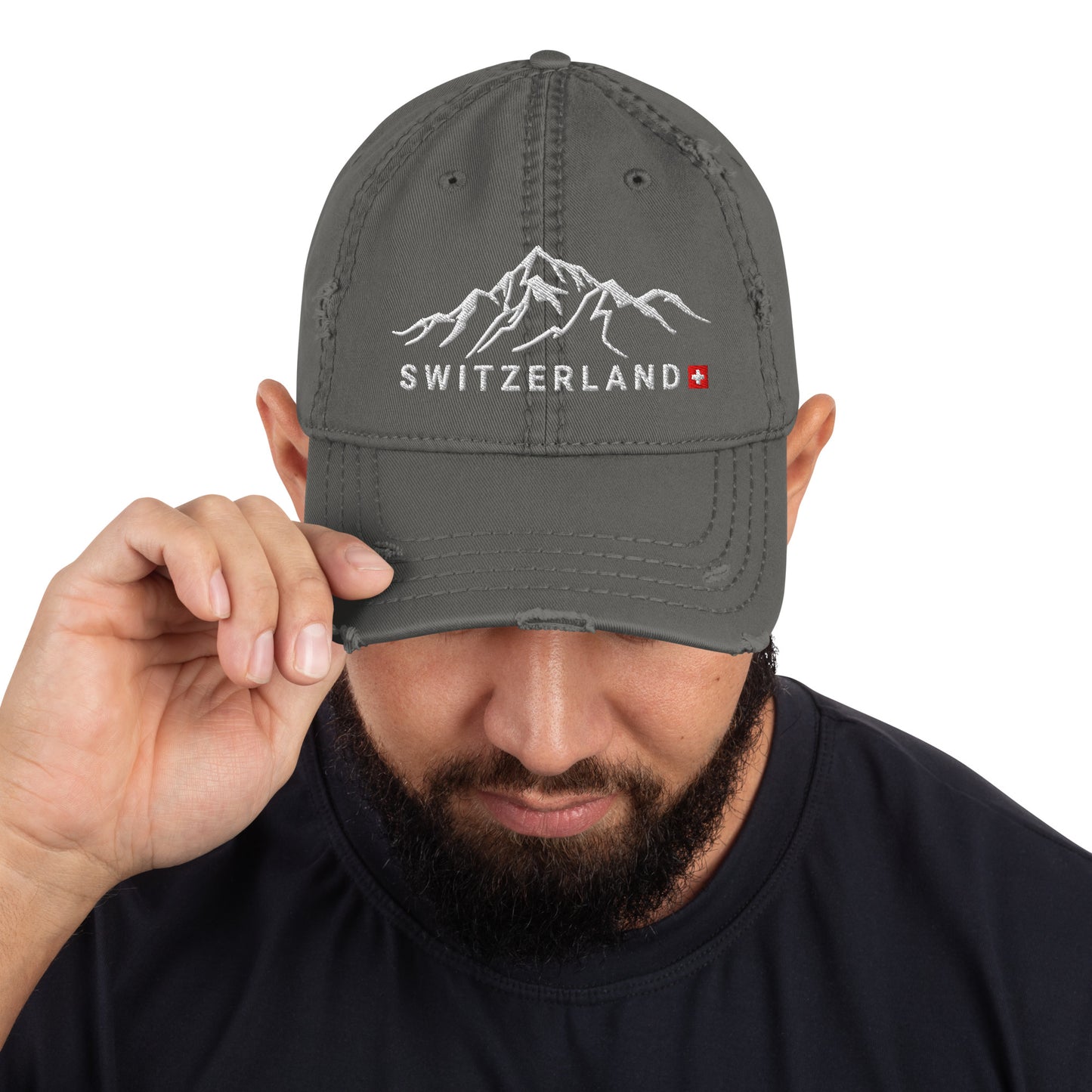 Switzerland distressed dad hat with embroidered mountain design and Swiss flag 🇨🇭🏔️