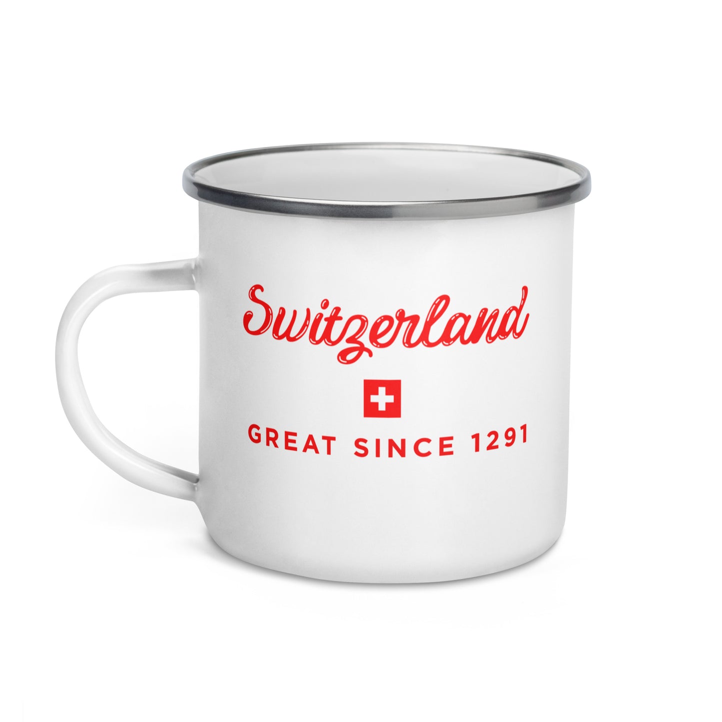 A white enamel camp mug with a silver metal rim, featuring red text that reads 'Switzerland' and 'GREAT SINCE 1291' with a small Swiss flag on the front.