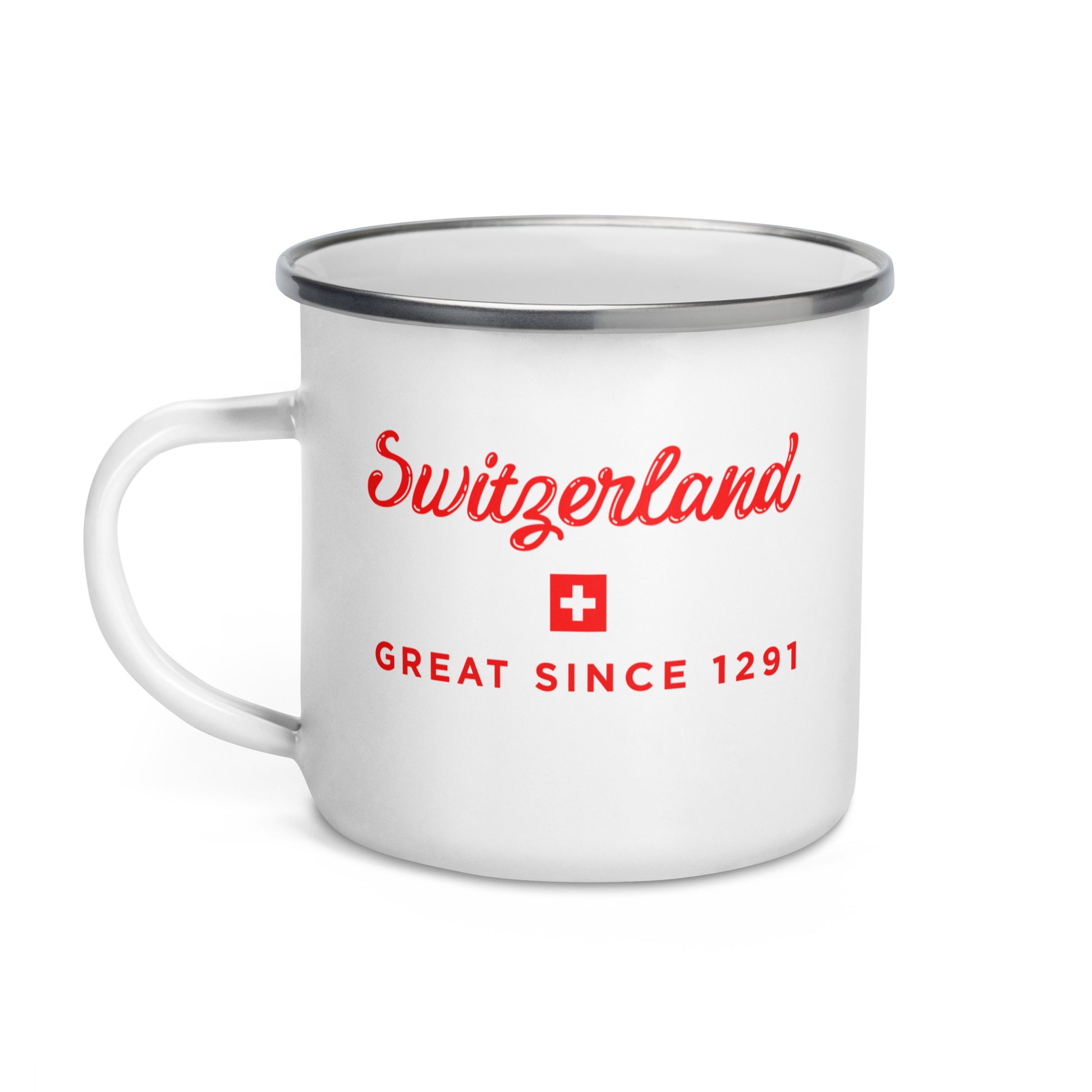 A white enamel camp mug with a silver metal rim, featuring red text that reads 'Switzerland' and 'GREAT SINCE 1291' with a small Swiss flag on the front.