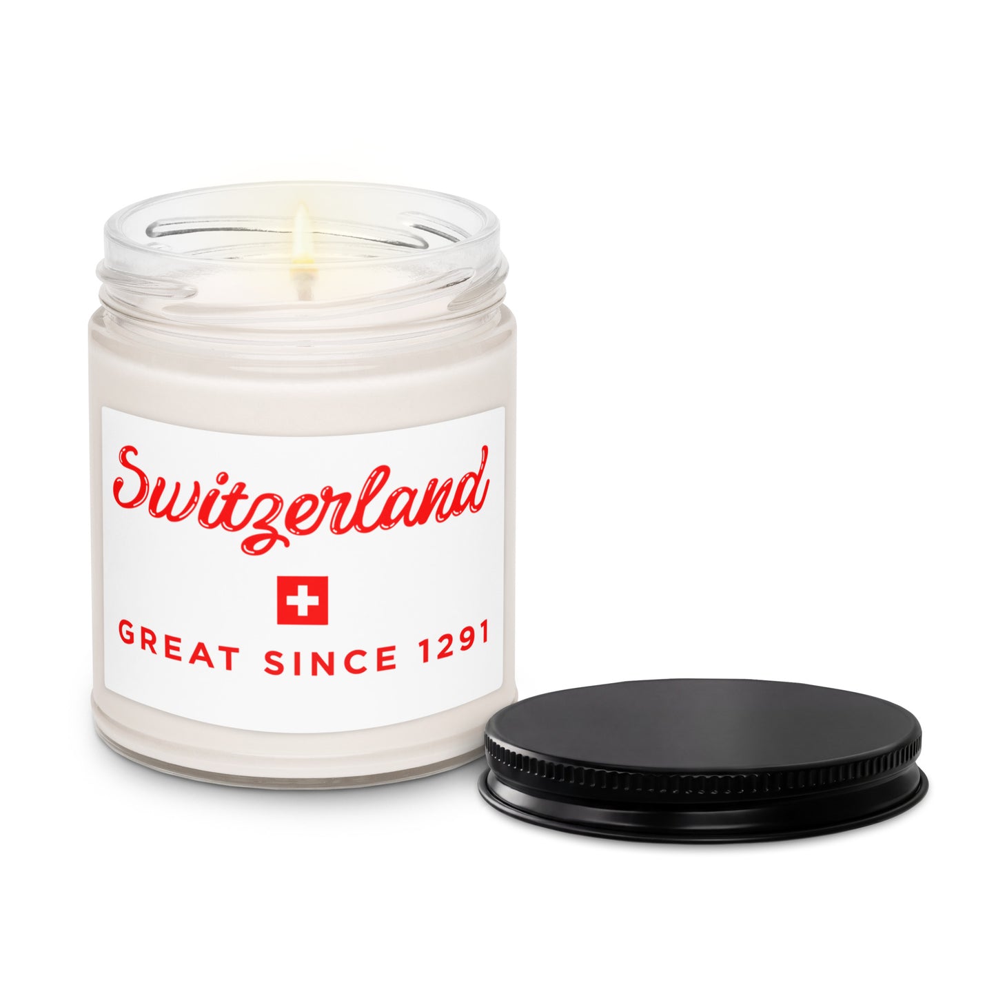 Candle in a jar with 'Switzerland great since 1291' label on a white background