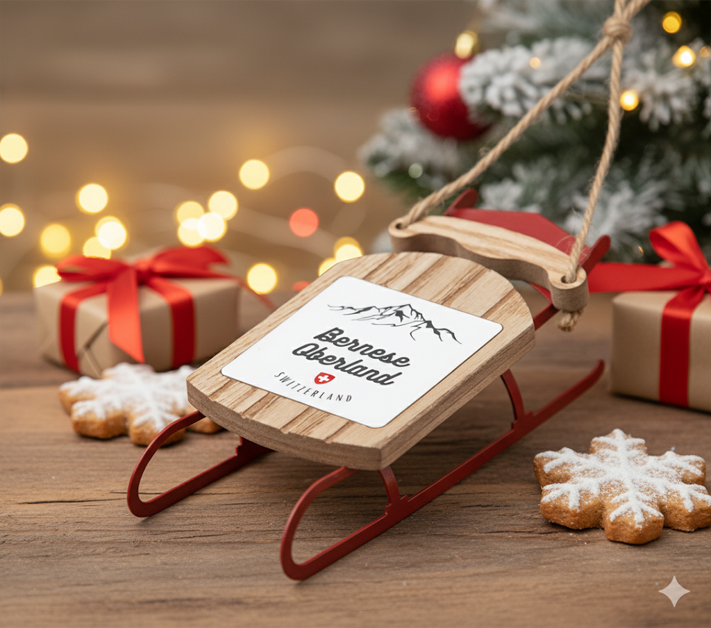 Wooden sled Switzerland ornament featuring Bernese Oberland Alps winter souvenir