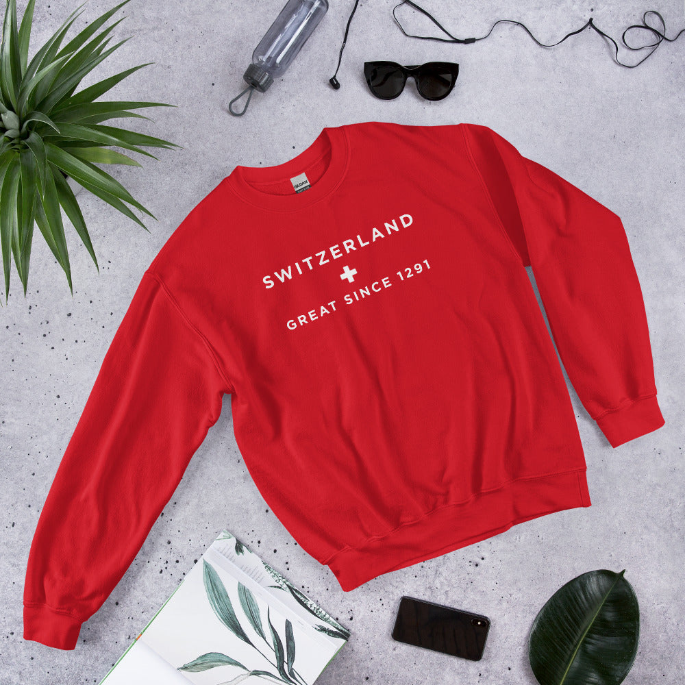 Red sweatshirt with text Switzerland Great Since 1291