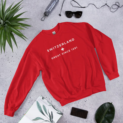 Red sweatshirt with text Switzerland Great Since 1291