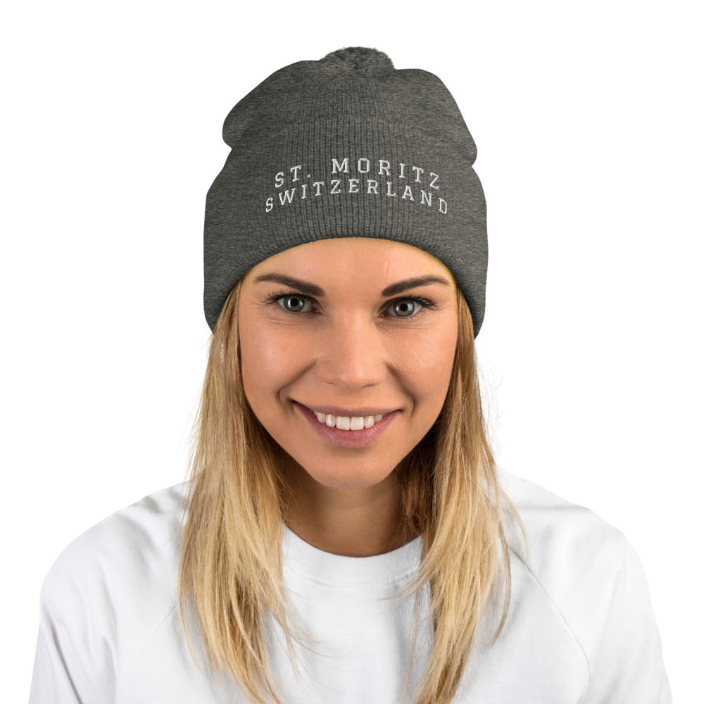 Switzerland souvenir beanie with classic embroidered St. Moritz design