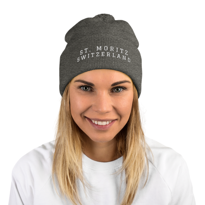 Switzerland souvenir beanie with classic embroidered St. Moritz design
