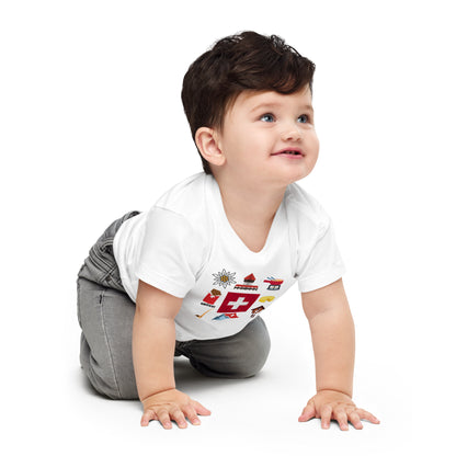 Switzerland baby outfit with chocolate, cheese, clock, and mountain icons