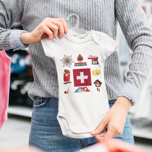 baby bodysuit showcasing Swiss flag, fondue, chocolate, and Alps illustrations, celebrating Switzerland's rich culture and natural beauty