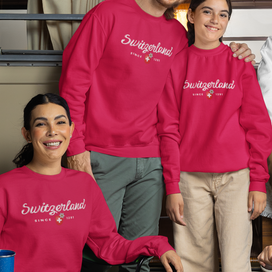 camping family proudly wearing the Vintage Switzerland Sweatshirt, symbolizing Swiss heritage