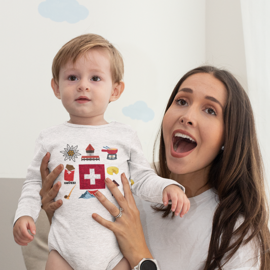 An adorable baby bodysuit featuring Swiss flag, fondue, chocolate, and Alps illustrations, perfect for celebrating Switzerland's rich cultural heritage