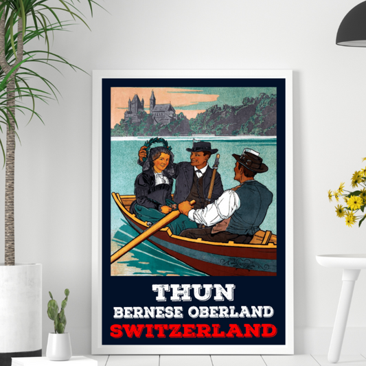 Vintage travel poster depicting Lake Thun, Switzerland with Thun Castle in the background. A scenic artwork capturing the beauty of Swiss landscapes and historical landmarks.