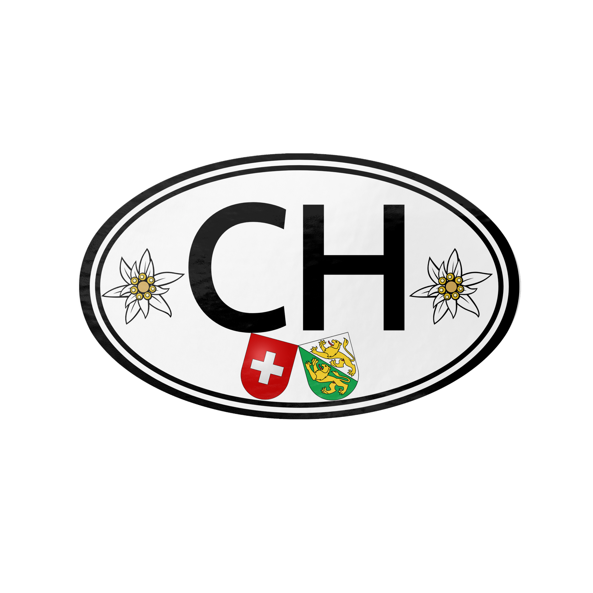 Premium Switzerland CH oval car decal with bold black letters, Edelweiss flowers, the Swiss cross, and the Canton Thurgau lion shield.