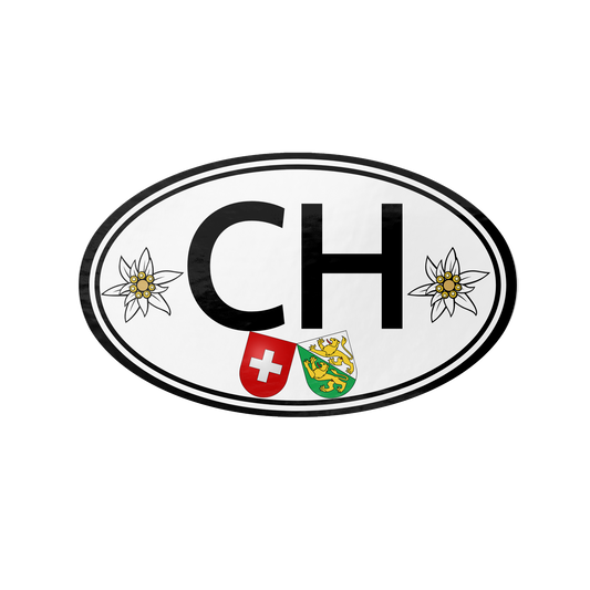 Premium Switzerland CH oval car decal with bold black letters, Edelweiss flowers, the Swiss cross, and the Canton Thurgau lion shield.