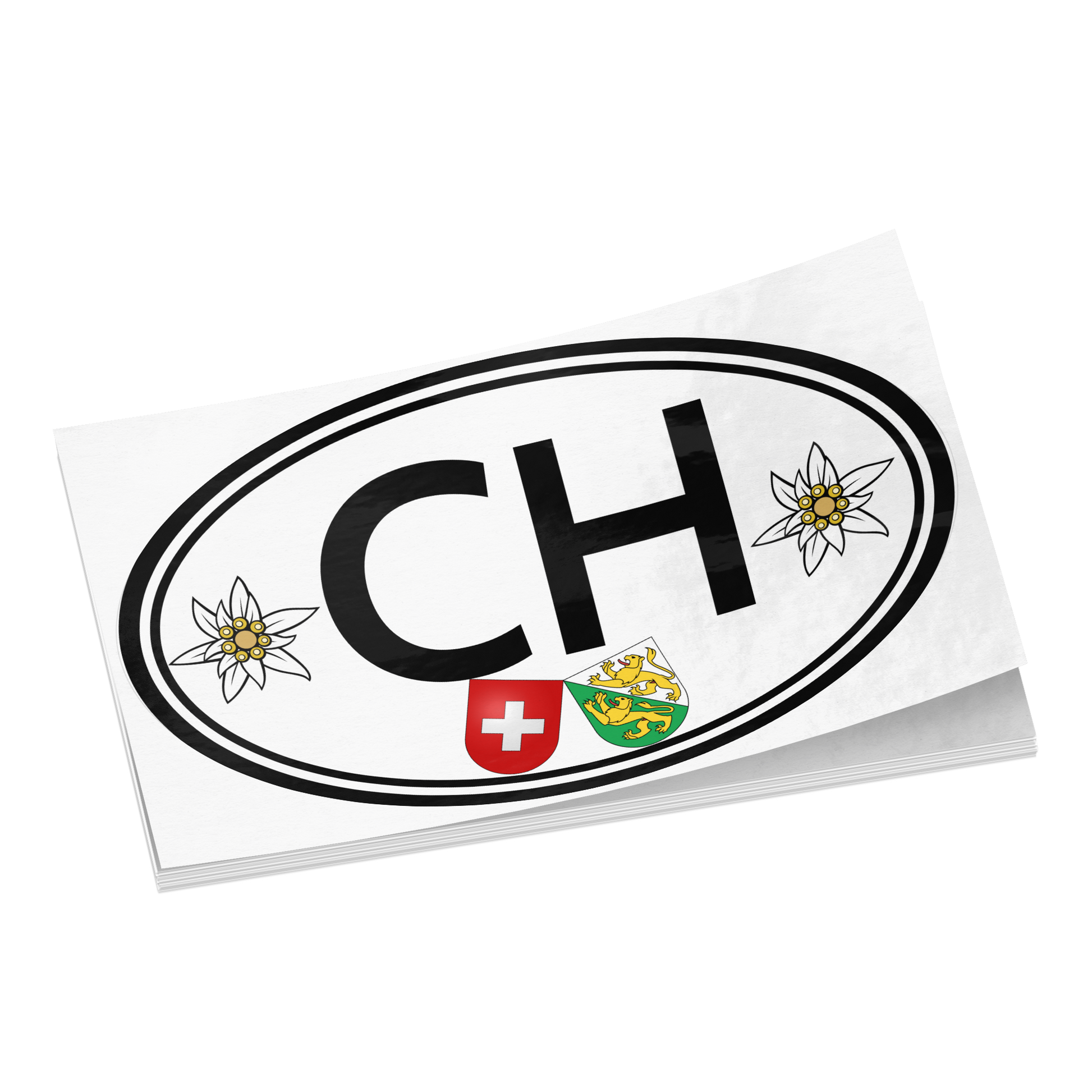Waterproof vinyl oval sticker featuring the CH code and two Edelweiss flowers, perfect for car bumpers or luggage.
