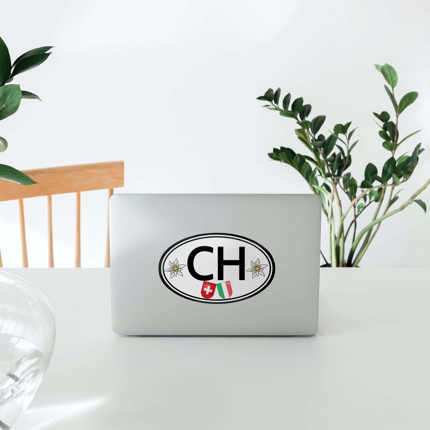 Swiss CH vinyl sticker showing Edelweiss and Neuchâtel heraldic emblem.