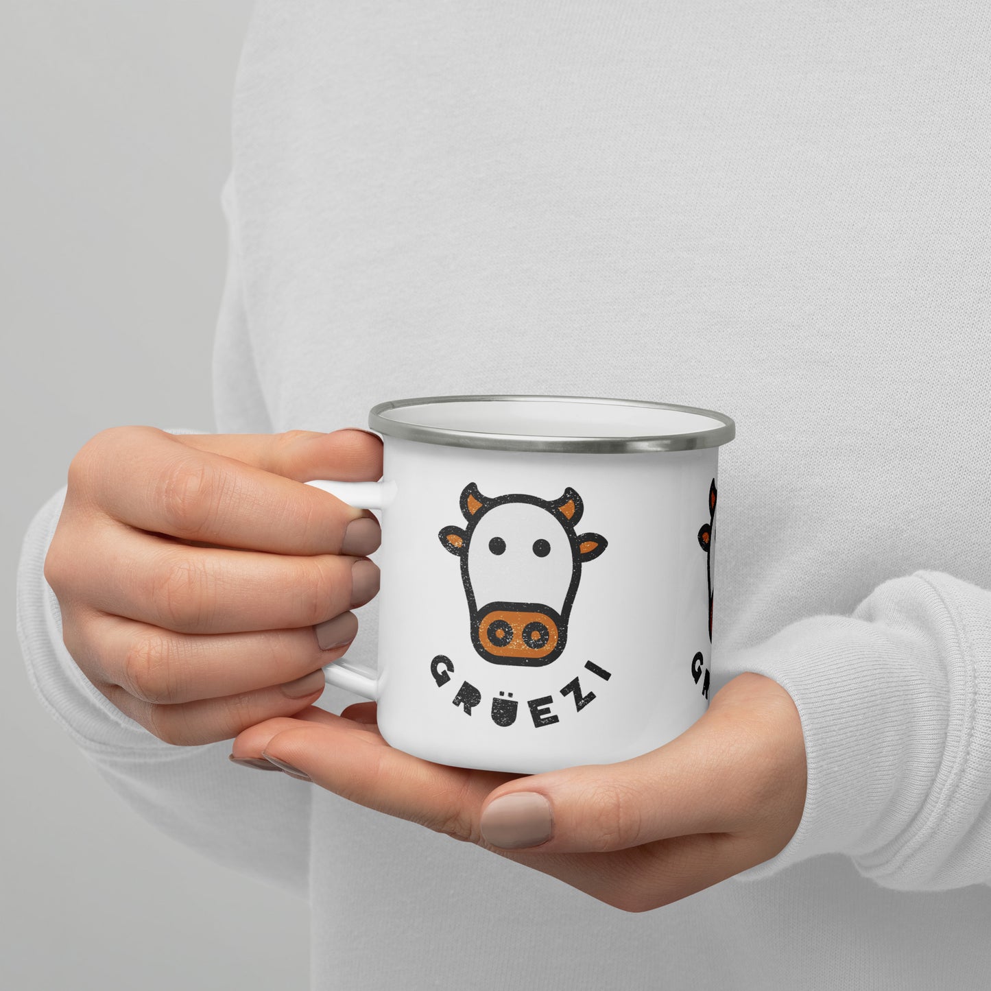 Grüezi Enamel Mug – Swiss Cow Design 🐮 | Durable & Stylish Camping Mug for Nature Lovers 🏞️