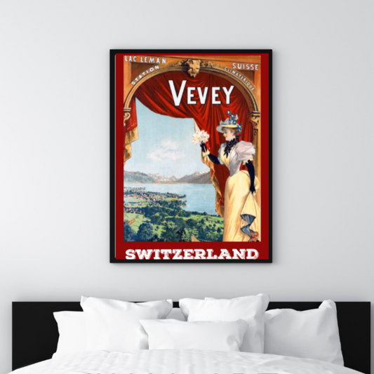 Vintage poster showcasing the town of Vevey, Switzerland, capturing its classic beauty and nostalgia through evocative artwork, perfect for collectors and admirers of Swiss culture.