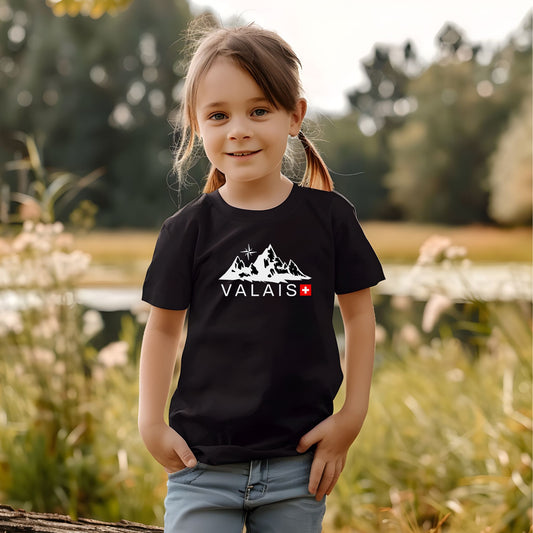 Front view of Valais Switzerland kids shirt in black