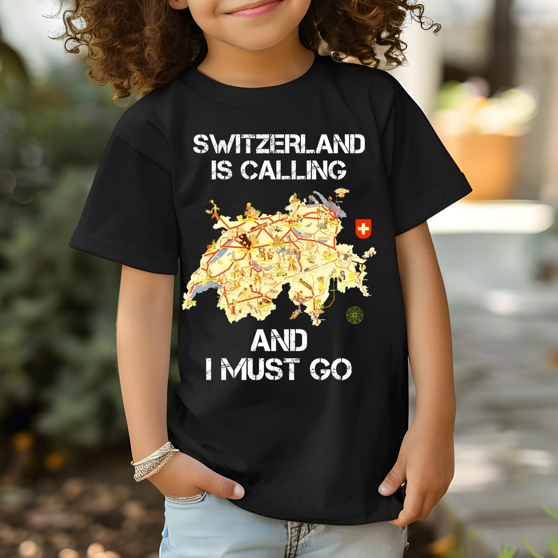 Kids t-shirt with distressed map of Switzerland and travel quote