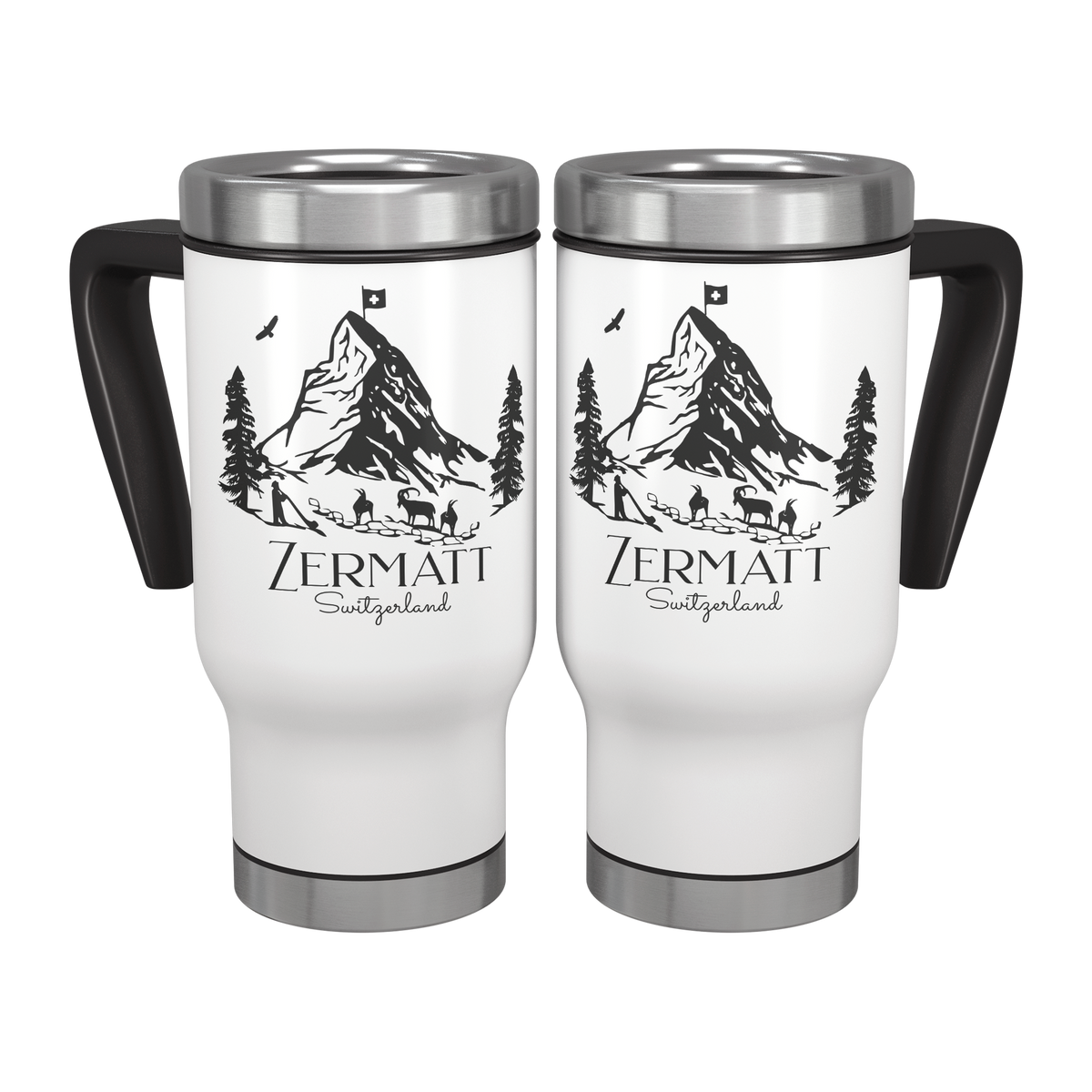 Zermatt Switzerland travel mug with Matterhorn mountain design, stainless steel 14oz insulated tumbler, two-pack front view