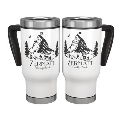 Zermatt Switzerland travel mug with Matterhorn mountain design, stainless steel 14oz insulated tumbler, two-pack front view