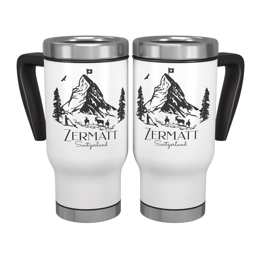 Zermatt Switzerland travel mug with Matterhorn mountain design, stainless steel 14oz insulated tumbler, two-pack front view