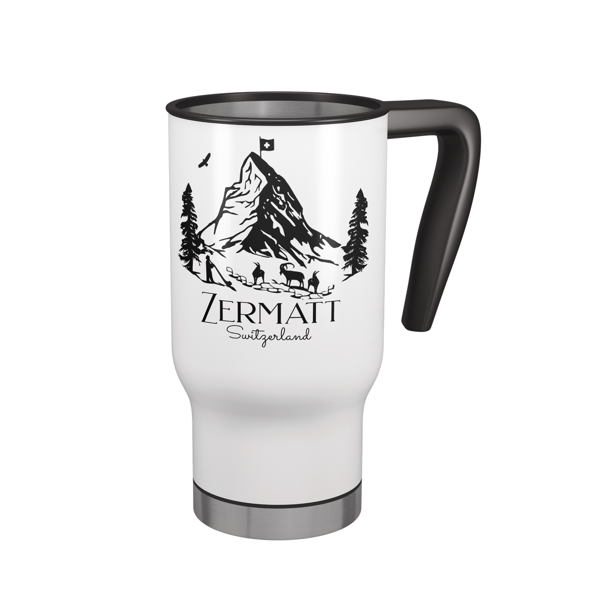 Zermatt Switzerland insulated travel mug with black handle, Matterhorn mountain and pine tree illustration