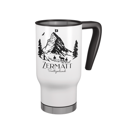 Zermatt Switzerland insulated travel mug with black handle, Matterhorn mountain and pine tree illustration