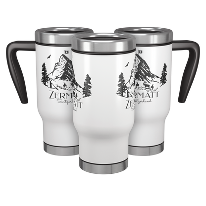 Three Zermatt Switzerland stainless steel travel mugs with black handles and Matterhorn alpine design
