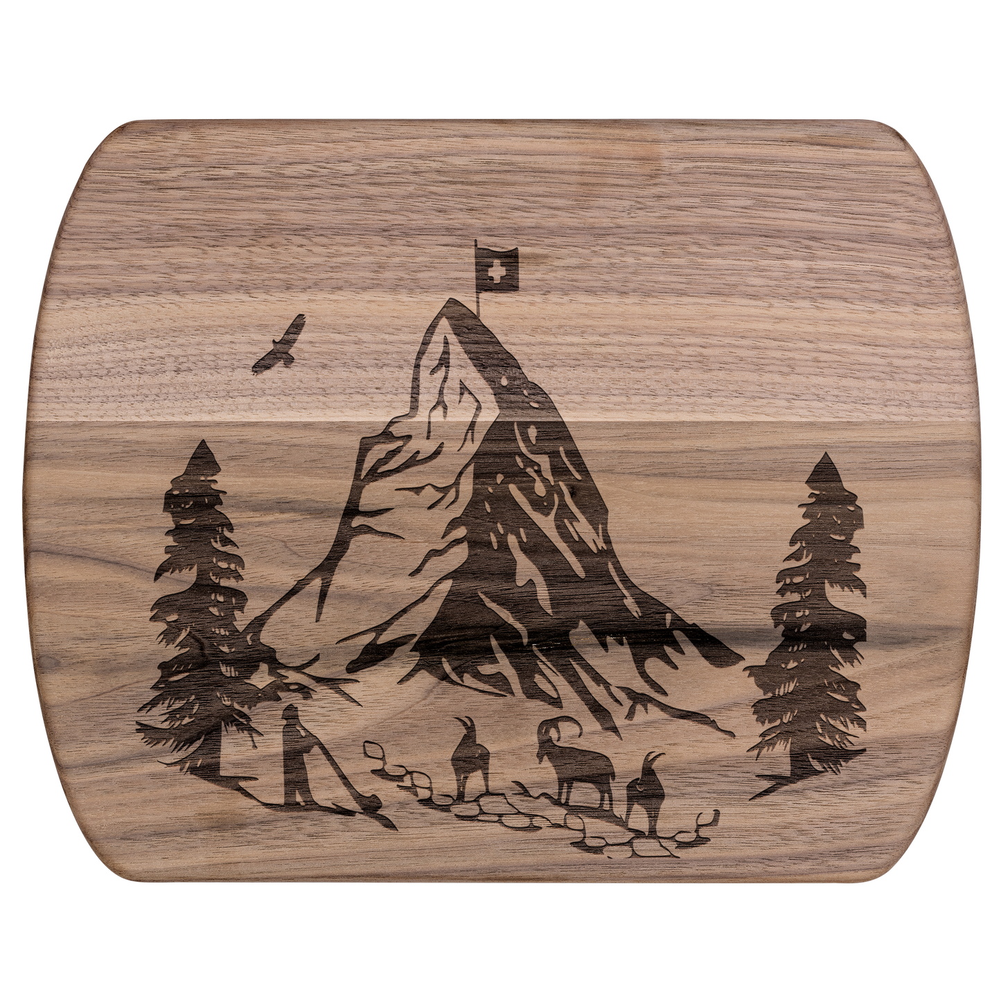Swiss-inspired wooden cutting board featuring Matterhorn mountain design