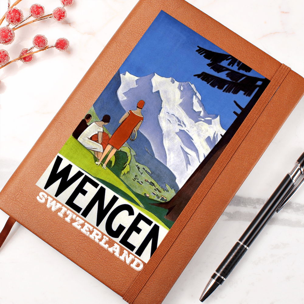 Vegan leather Wengen travel journal inspired by Swiss posters