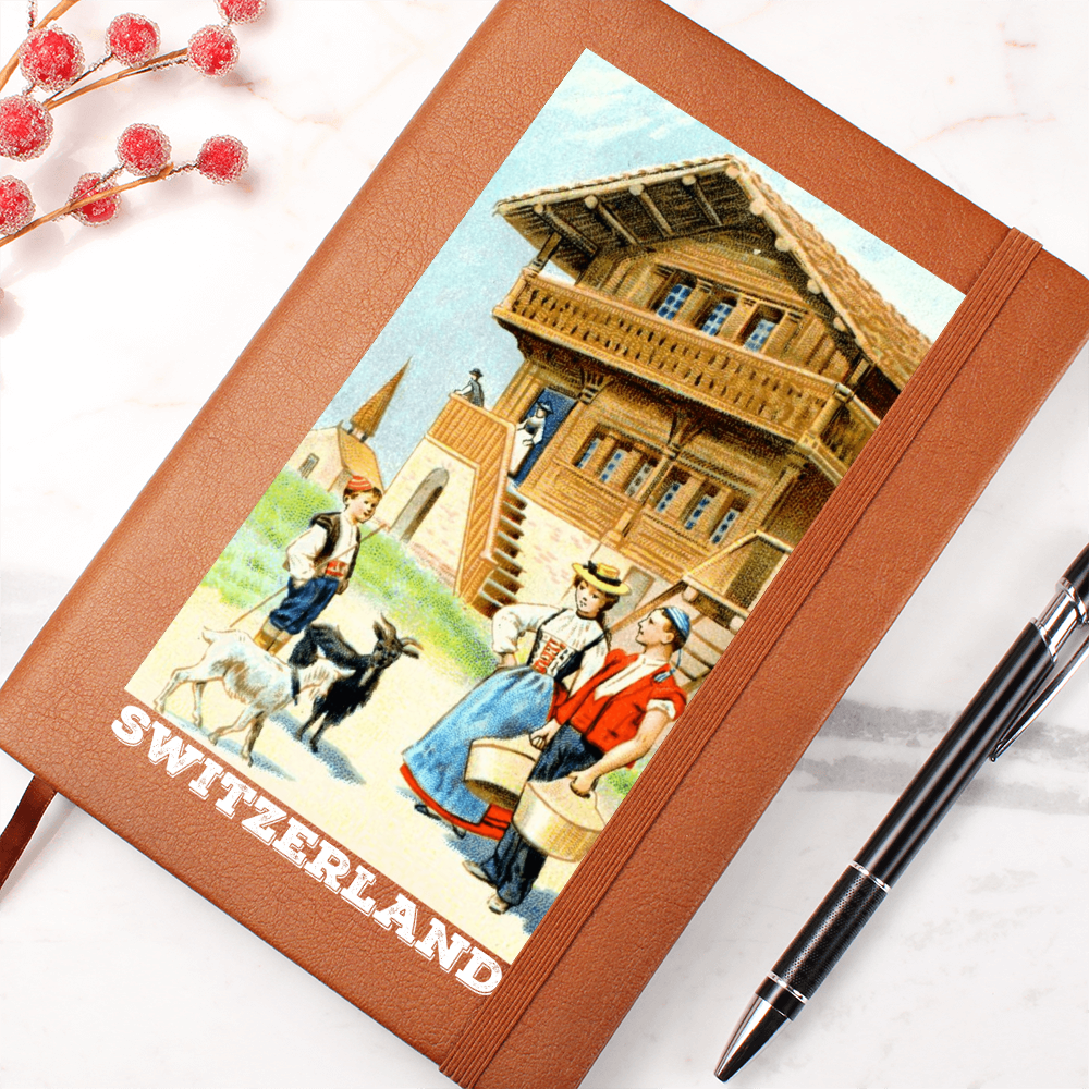 Swiss-inspired travel journal featuring traditional alpine artwork and brown vegan leather