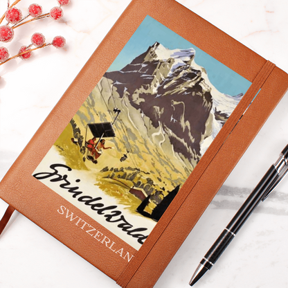 Brown vegan leather notebook with Grindelwald Switzerland mountain design