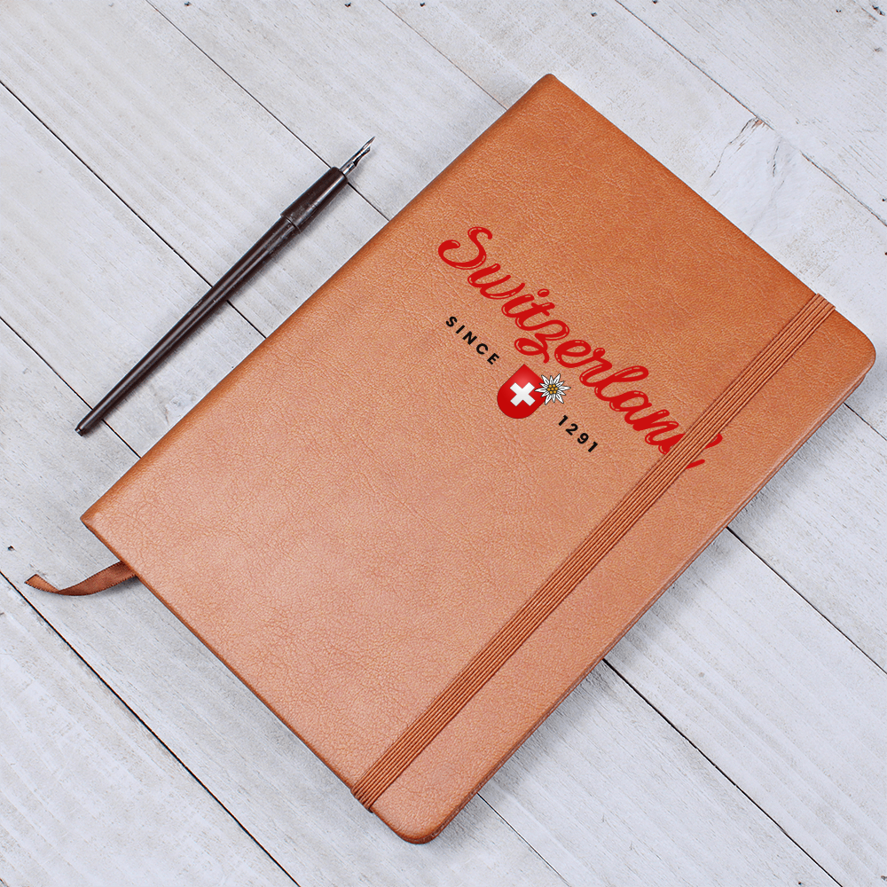 Swiss edelweiss and shield logo printed on a premium brown leather notebook