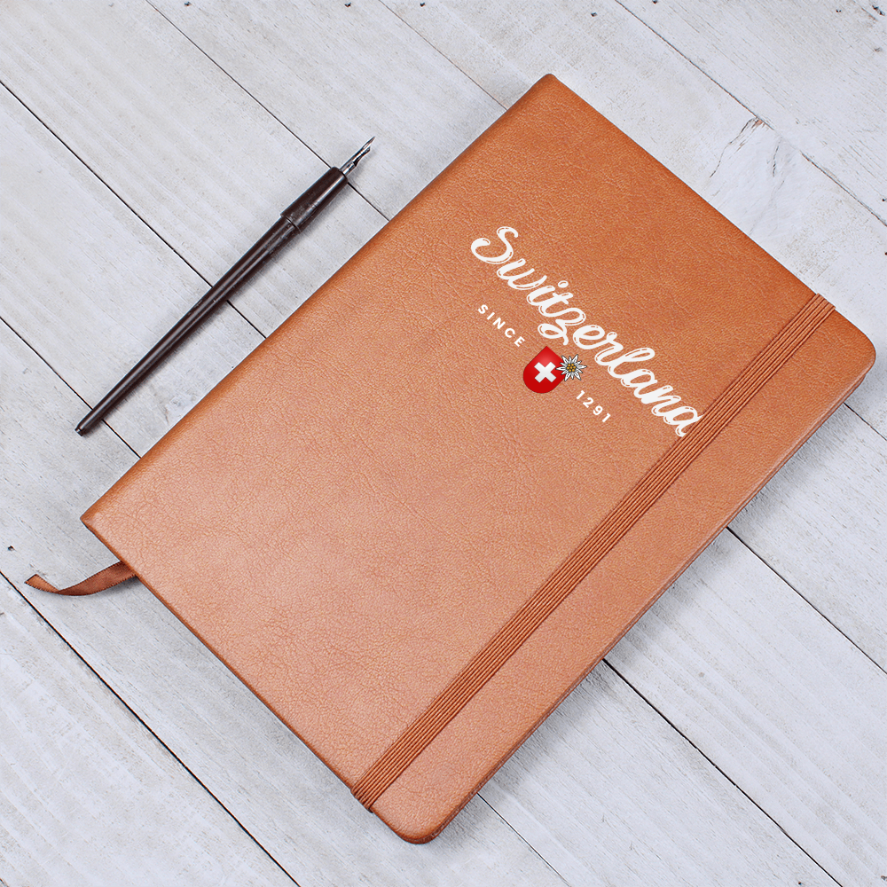 Brown vegan leather Switzerland notebook with Swiss cross emblem