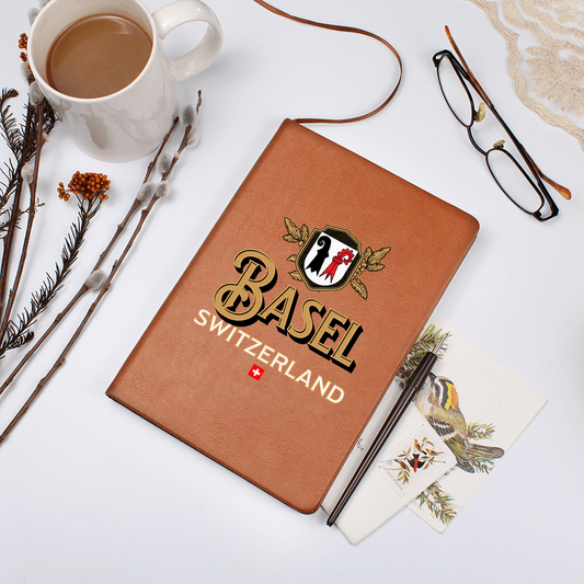 Basel Switzerland vegan leather journal with crest design and elastic closure