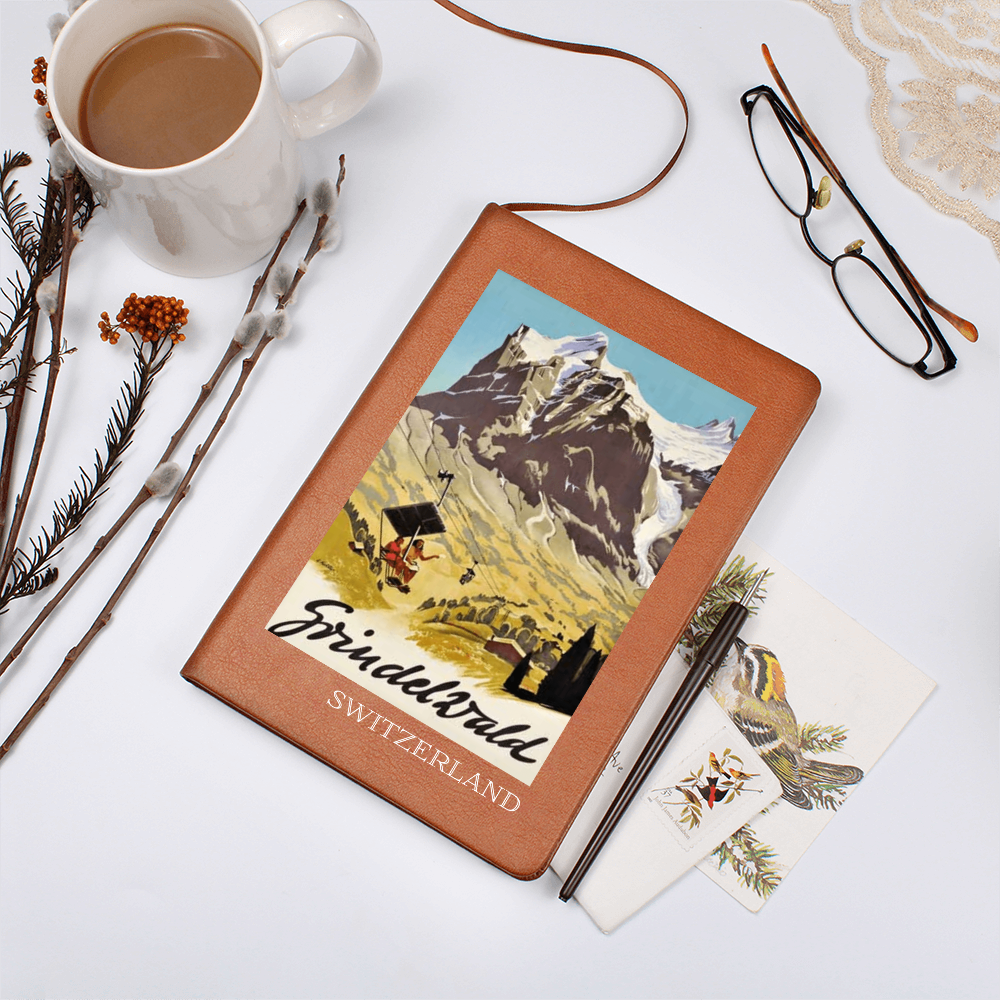 Elegant Switzerland journal with alpine mountain illustration and ribbon bookmark