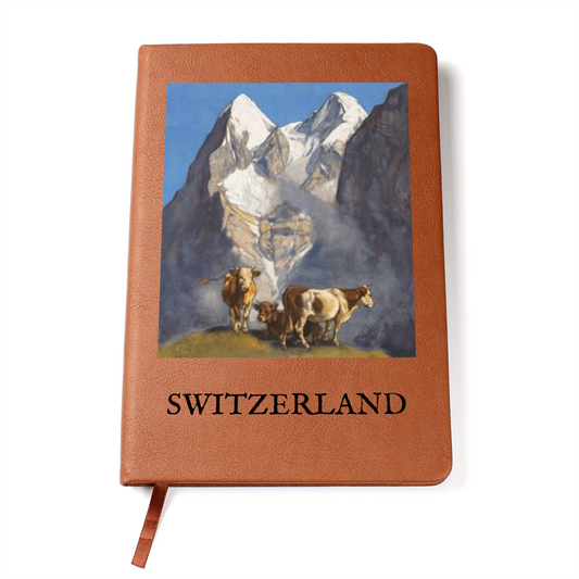 Vintage Switzerland journal with alpine mountains and Swiss cows