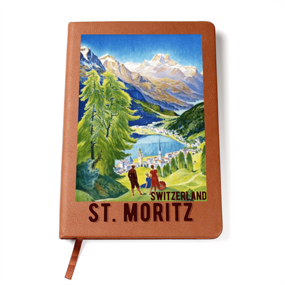 St. Moritz Switzerland Leather Journal - Front Cover with Alpine Design