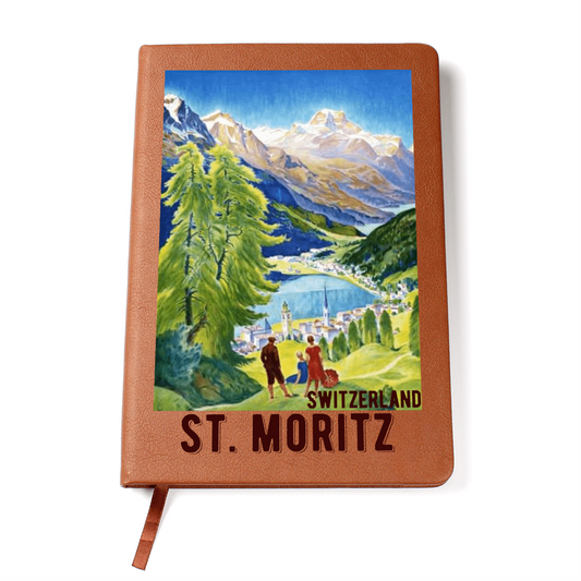 St. Moritz Switzerland Leather Journal - Front Cover with Alpine Design