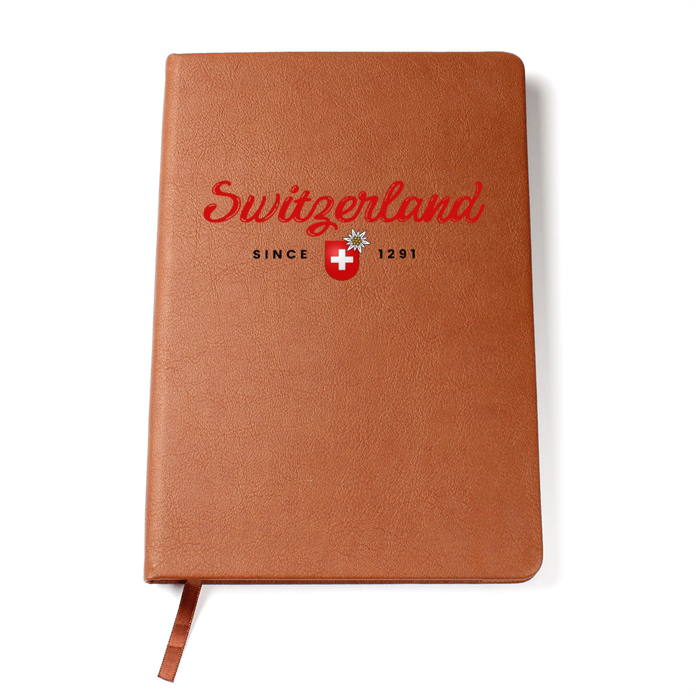 Tan leather Switzerland journal featuring red script and Swiss crest