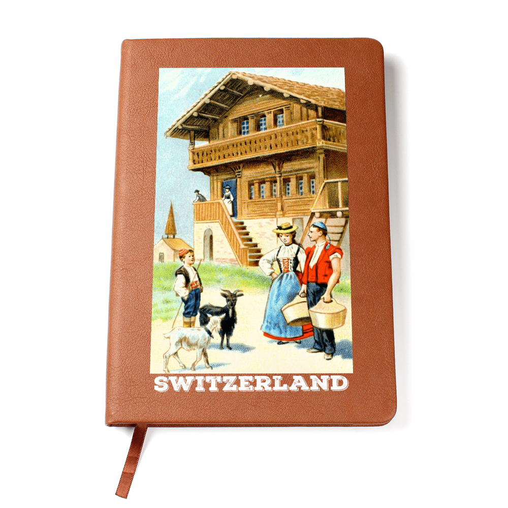 Vintage Switzerland leather journal with alpine village illustration on vegan leather cover