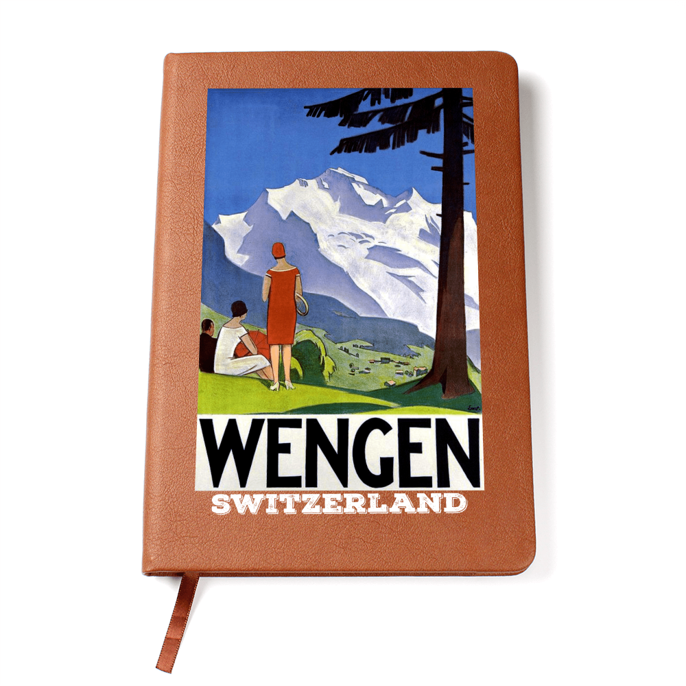 Vintage Wengen Switzerland journal with alpine travel poster design