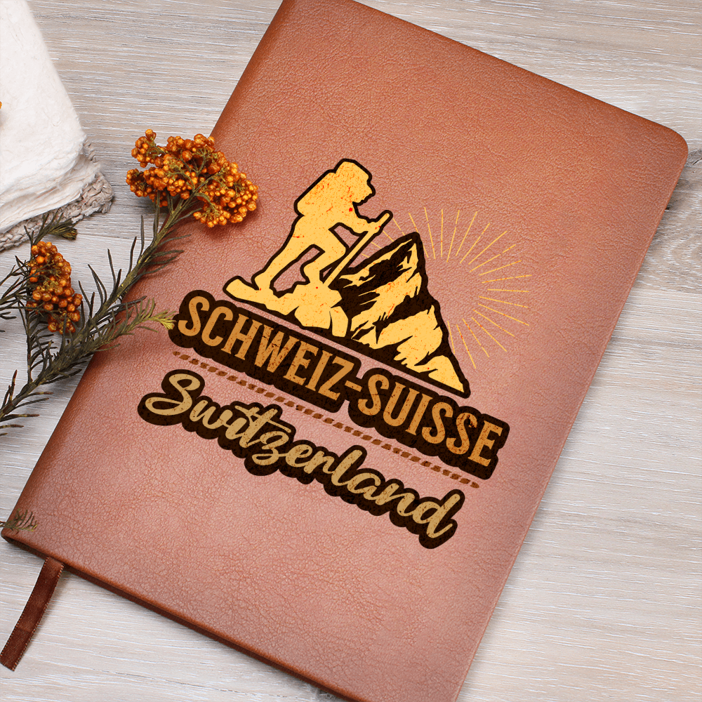 Swiss Alps inspired hardcover notebook with hiking illustration