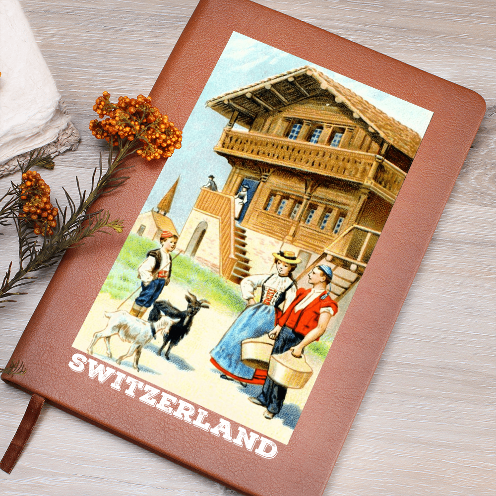Vintage Swiss notebook with lined pages, elastic closure, and ribbon bookmark