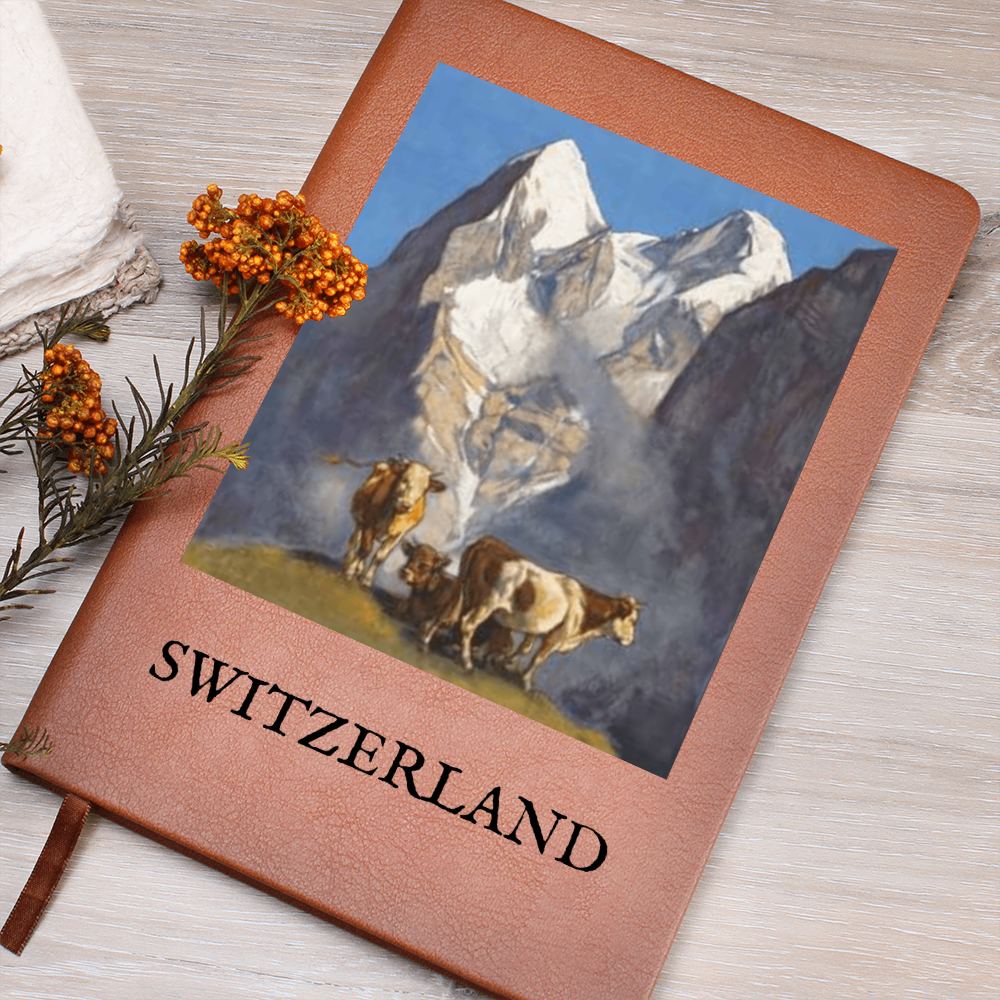 Switzerland souvenir journal featuring mountains and cows