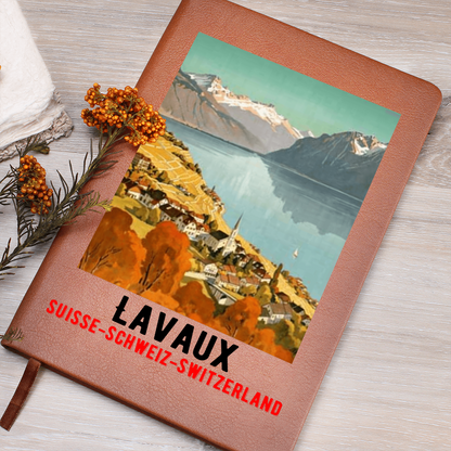 Lavaux Switzerland Leather Journal - Close-up of premium leather cover with Swiss vineyard theme
